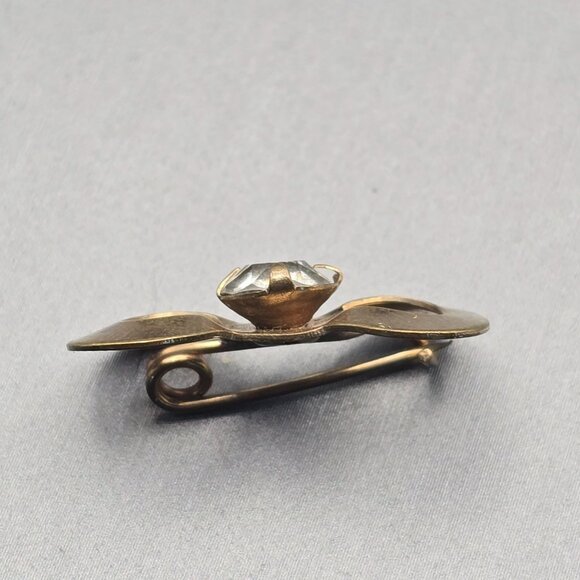 VTG Art Deco Bow Brooch 1" Gold Tone Clear Prong Set Rhinestone Center - Picture 4 of 7